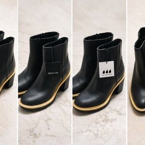 Dolce Vita Black Leather Block Heel Chelsea Boots with Gold Trim Accent